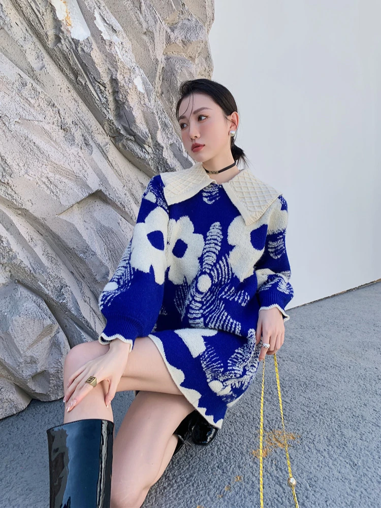 CHEERART Winter Floral Blue Sweater Dress Women Long Sleeve Knitted Collar Mini Korean Fashion Dress Designer Clothing