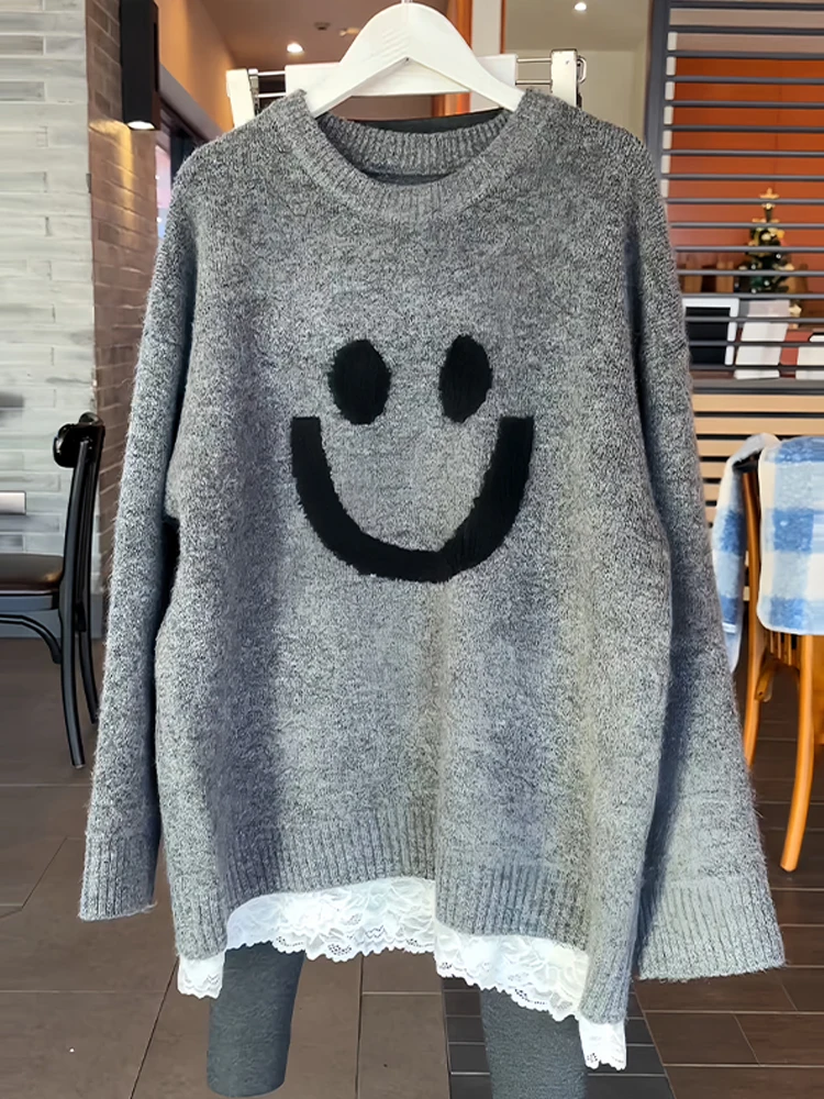 

Chic Lace Splice round Ne Knitted Sweater Women's Faion Spring Casual Wear Slimming Top mid Thin Korean Sle