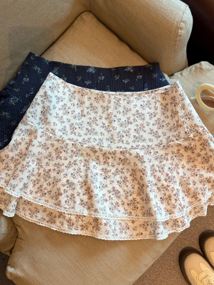 

High Waist Floral A-Line Skirt Women's Holiday Style Ageless Lace Trim Short Skirt Summer New Versatile Skirt