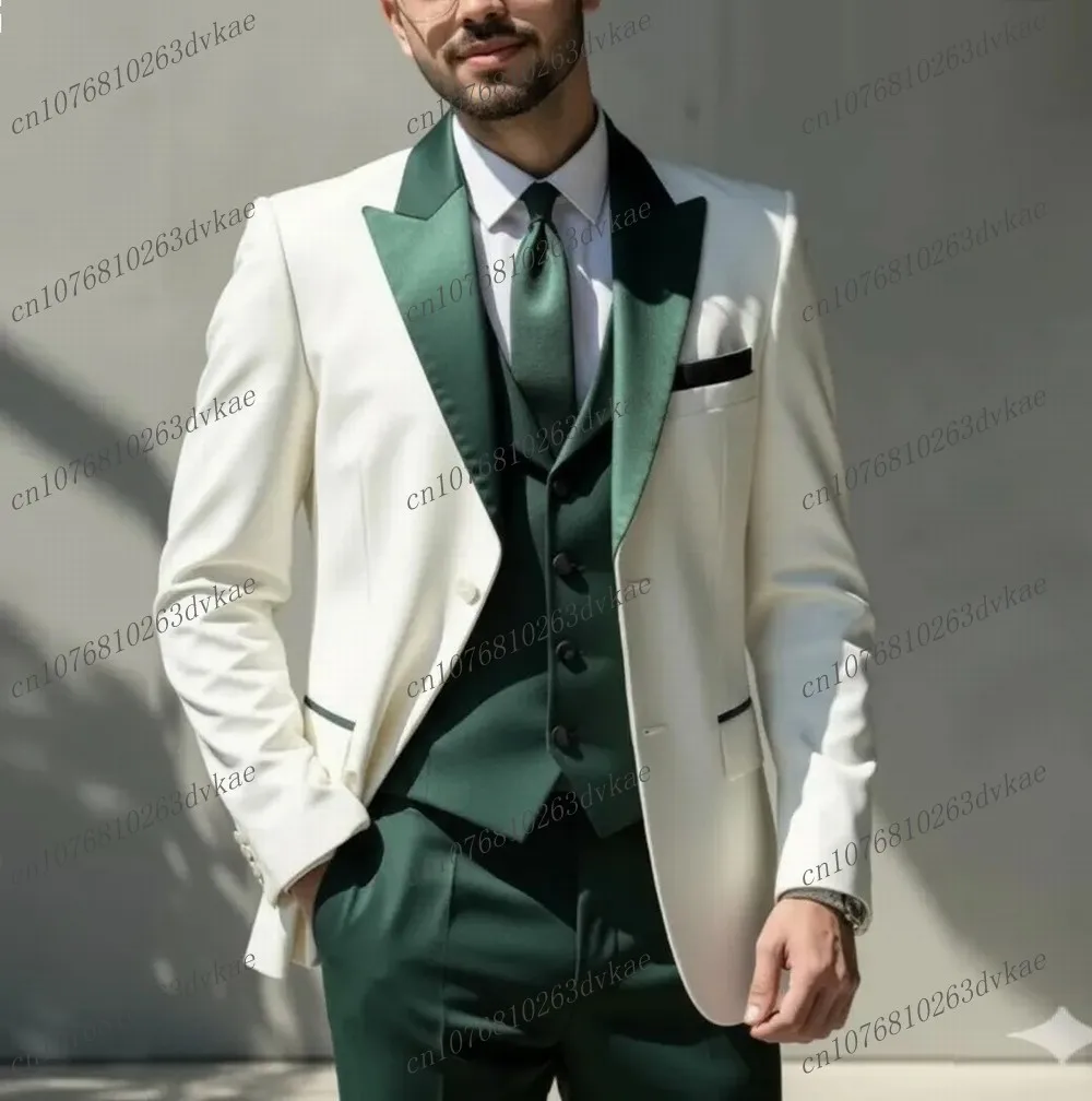 

Новый белый и темно-зеленый мужской костюм для свадебной вечеринки, формальный жених, жених, выпускного вечера, деловые мужские смокинги, комплект из 3 предметов, куртка, жилет, брюки