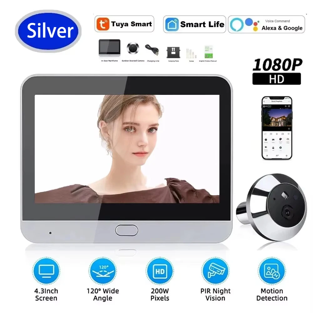 

4,3-дюймовый умный глазок Tuya, 3 МП, Wi-Fi, видеодверной звонок, двустороннее аудио, ночное видение, PIR, камера дверного звонка с обнаружением движения