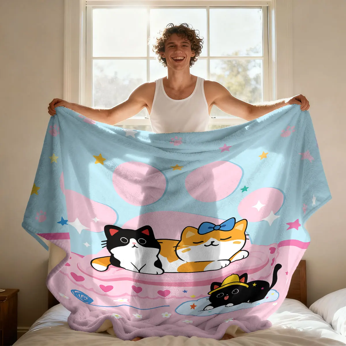 1 Stück Flanelldecke mit niedlichem Cartoon-Kätzchen-Aufdruck, 230 g, in mehreren Größen, weich und bequem, lässige Nickerchendecke, maschinenwaschbar