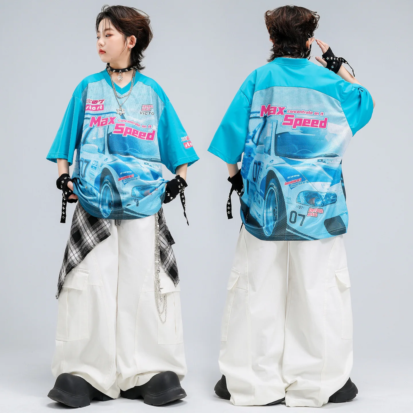 

Kid Kpop Hip Hop Clothing Lake Blue Mesh V Neck T Shirt White Curved Blade Cargo Pants for Girl Boy Street Dance Costume Clothes