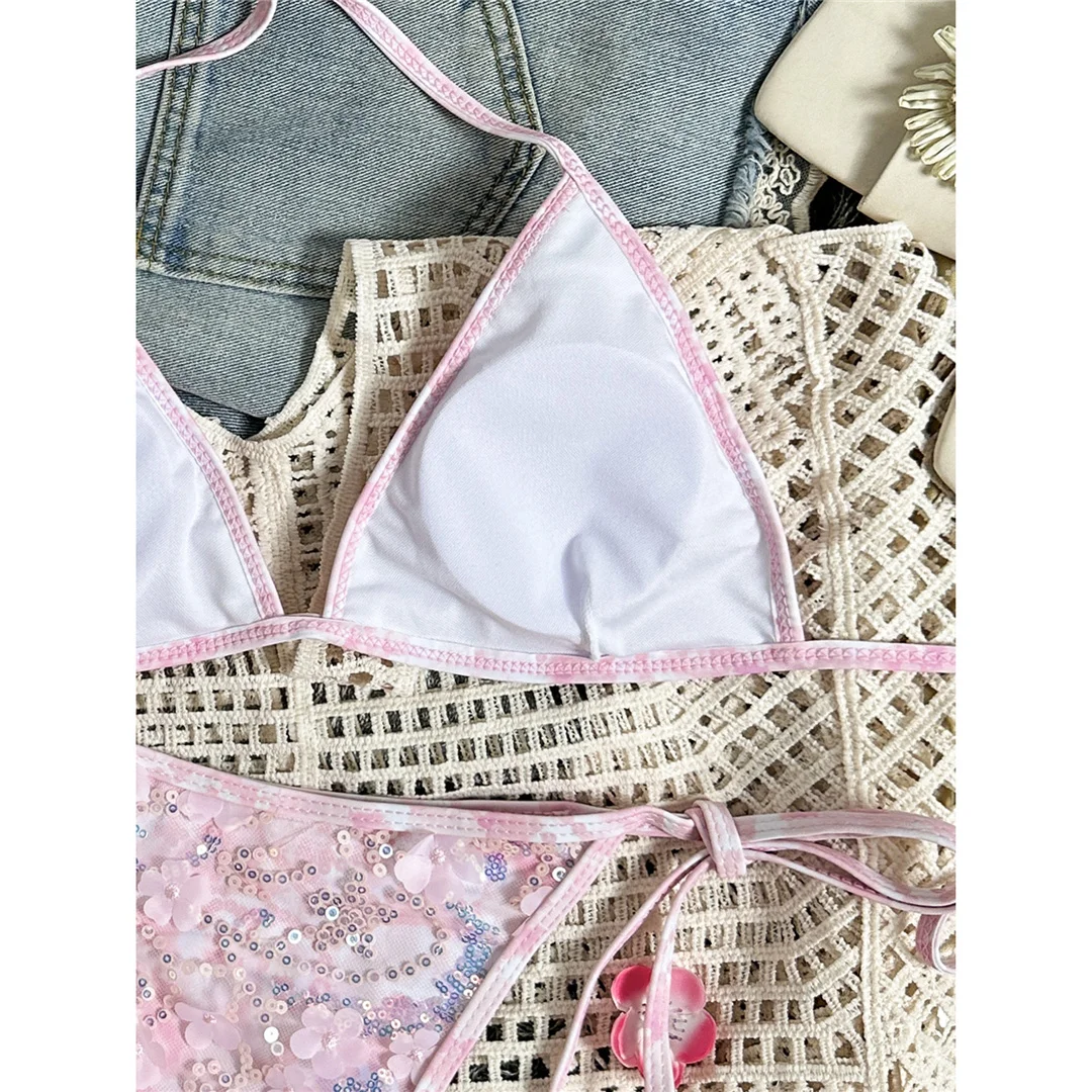 Bedruckter Bikini mit Pailletten, Neckholder-Design, Damen-Badebekleidung, zweiteiliger Bikini, hoher Beinausschnitt, Badeanzug, Badebekleidung, Modell V8237. – Detail 5