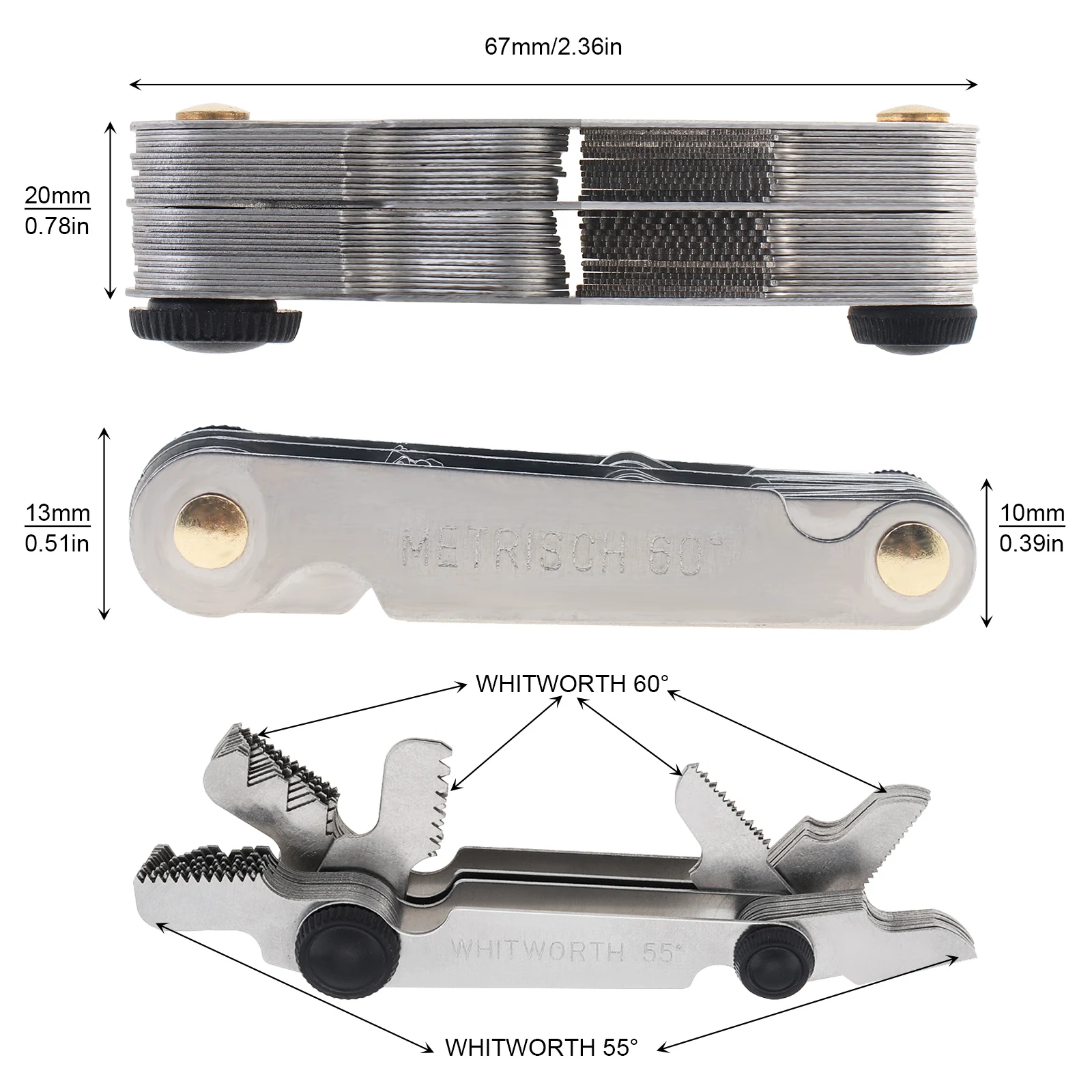 52pcs Stainless Steel Thread Gauge Metric and Imperial 55 60 Degree SAE Precision Gear Tooth Screw Thread Pitch Gauge Size Tool