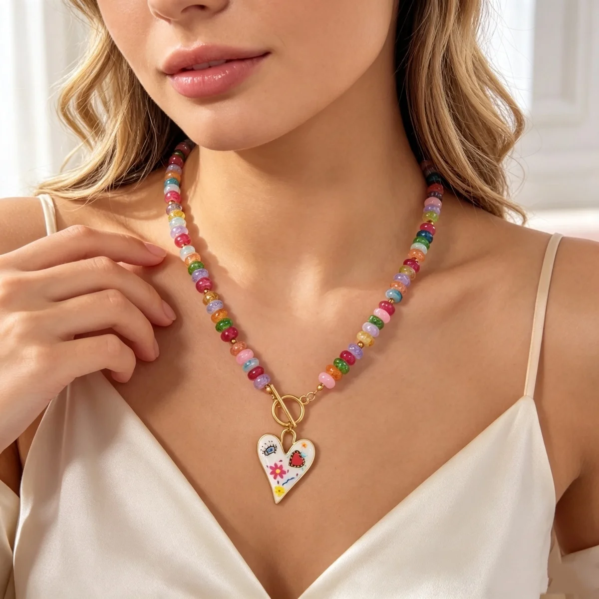 Dopamin Bunte Glas-Flachperlen Graffiti-Blumen-Herz-Anhänger Halskette für Frauen Männer Y2K Vintage OT-Schnallen-Choker Schmuck – Detail 8