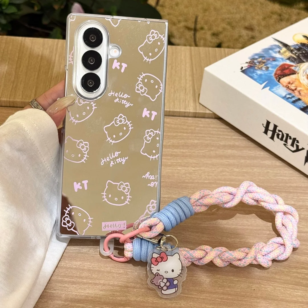Capa de Telefone de Luxo com Espelho de Maquiagem e Cordão Curto KT Cat para Samsung Galaxy Z Fold 7 6 5 4 3, Capa Protetora de Acrílico à Prova de Choque