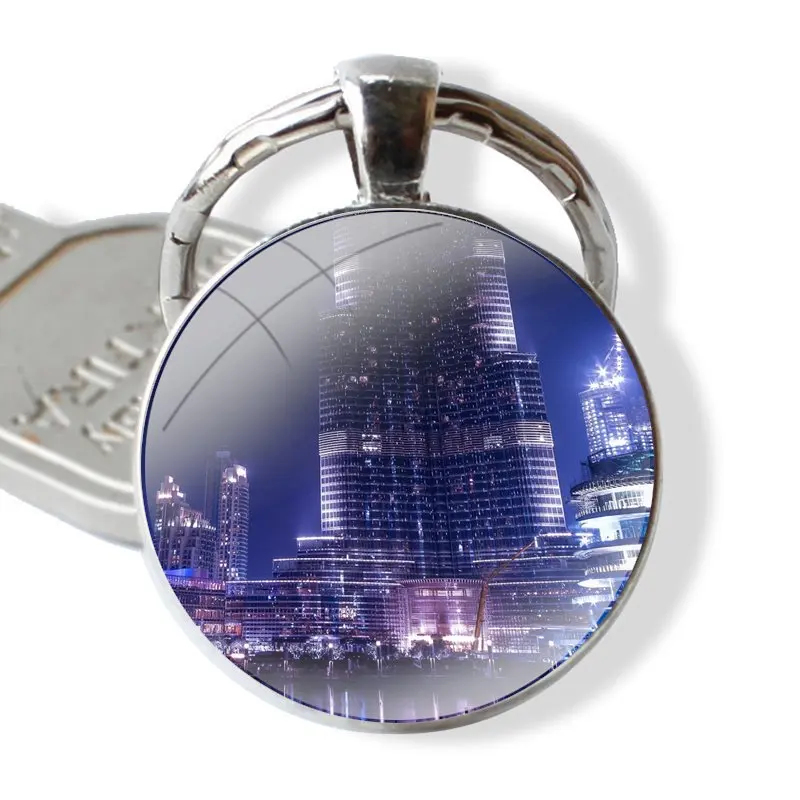 Dubai Burj Khalifa Tower Building Keychain Handmade Glass Cabochon Key Ring Holder Pendant Key Chains Funny Gift Design Creative