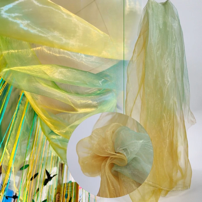 Iridescent Gradient Green Organza Tulle Fabric Sheer Drape Curtain Scene Backdrop Kindergarten Wedding Party DIY Decor Material