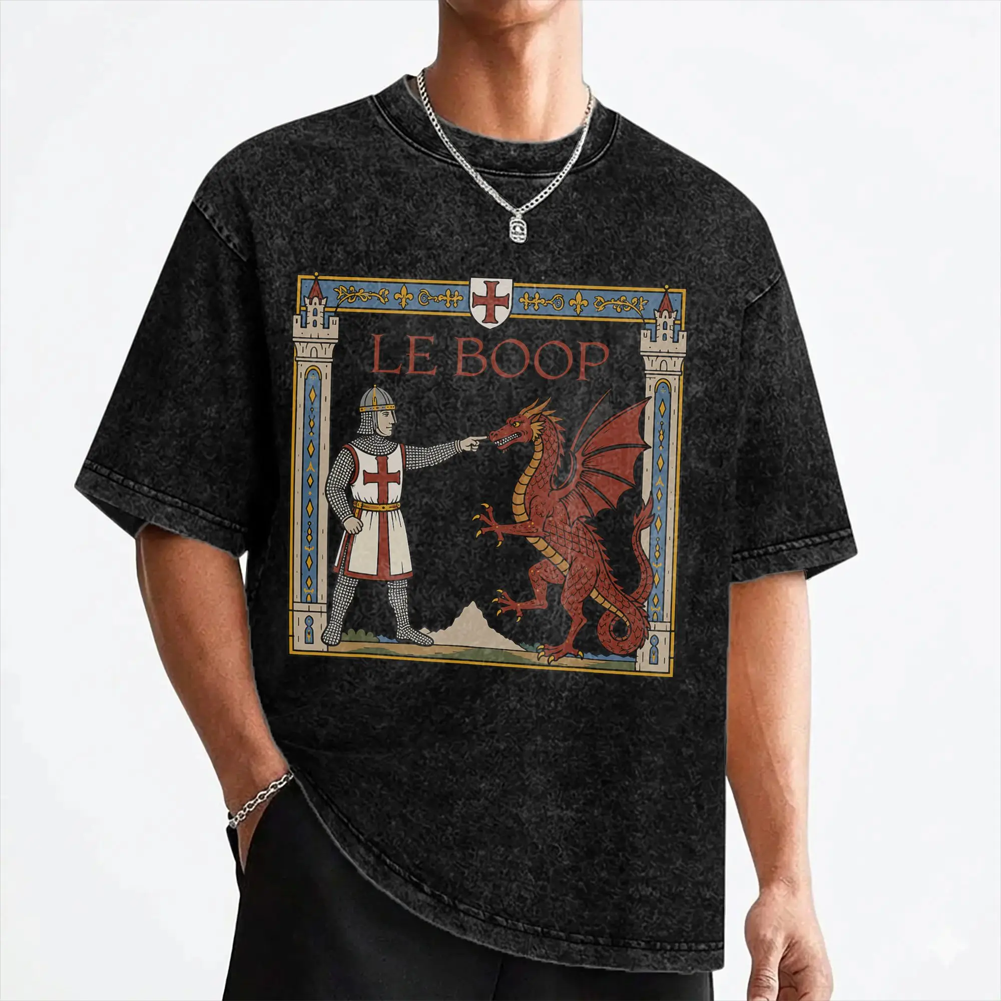 Le Boop Medieval Knight Dragon T Shirt Washed Cotton Oversize T-Shirt  Novelty Men Women Streetwear Printed Tee Shirt