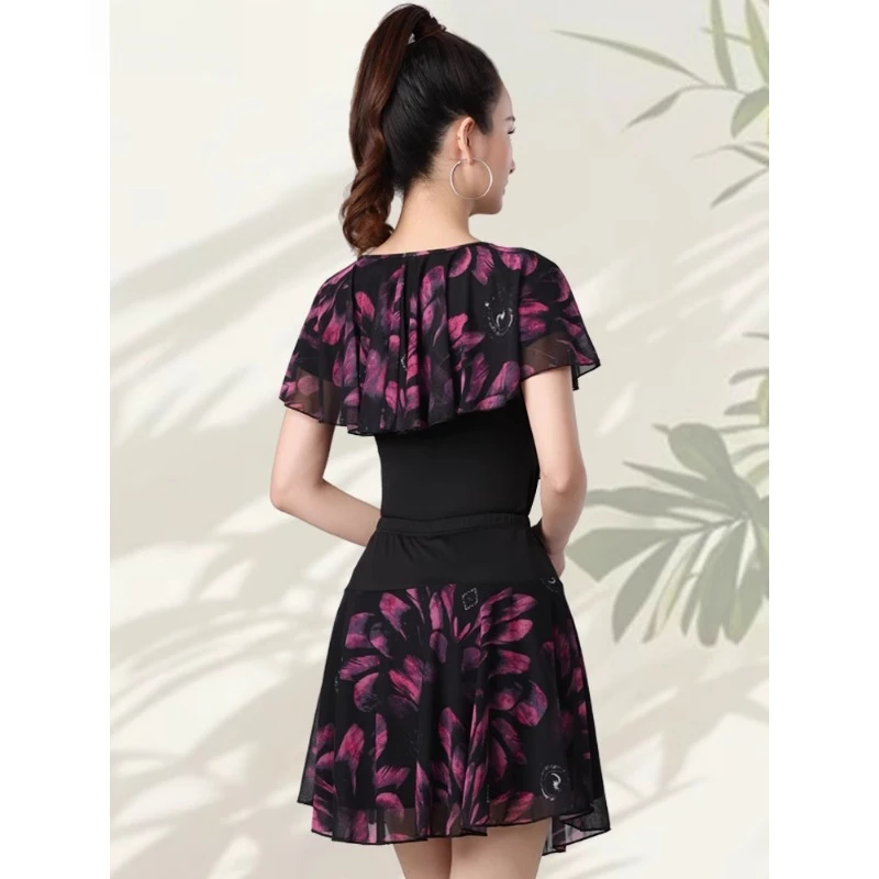 라틴 댄스 의상 메쉬 프린트 반소매 스커트 슈트 우아한 댄스 의상 여성 파티 드레스 국가 표준 연수회