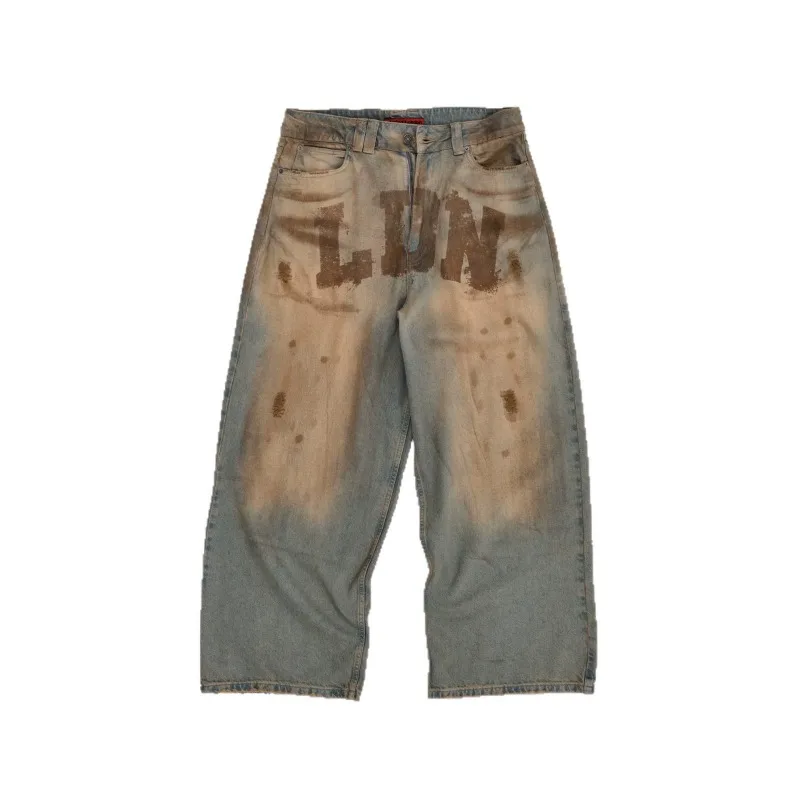 HOUZHOU Vintage Distressed Jeans Dames Amerikaanse Retro Y2k Grunge Wijde Pijpen Denim Broek Streetwear Baggy Letter Gedrukte Jeans