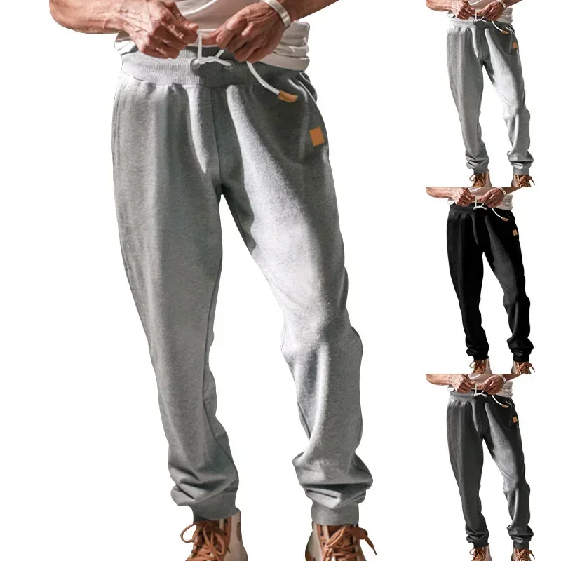 Men Long Pant Pencil Pants Straight Trousers Pocket Solid Splice Casual Lace Up Elastic Waist Drawstring Slim Fit Autumn