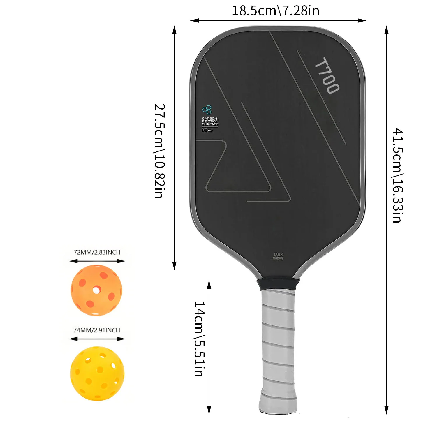 ขัด T700 ดิบคาร์บอนไฟเบอร์เดี่ยว Pickleball Paddle Pros คาร์บอนแรงเสียดทานพื้นผิว Polymer Honeycomb Enhanced Power Control 16 มม.