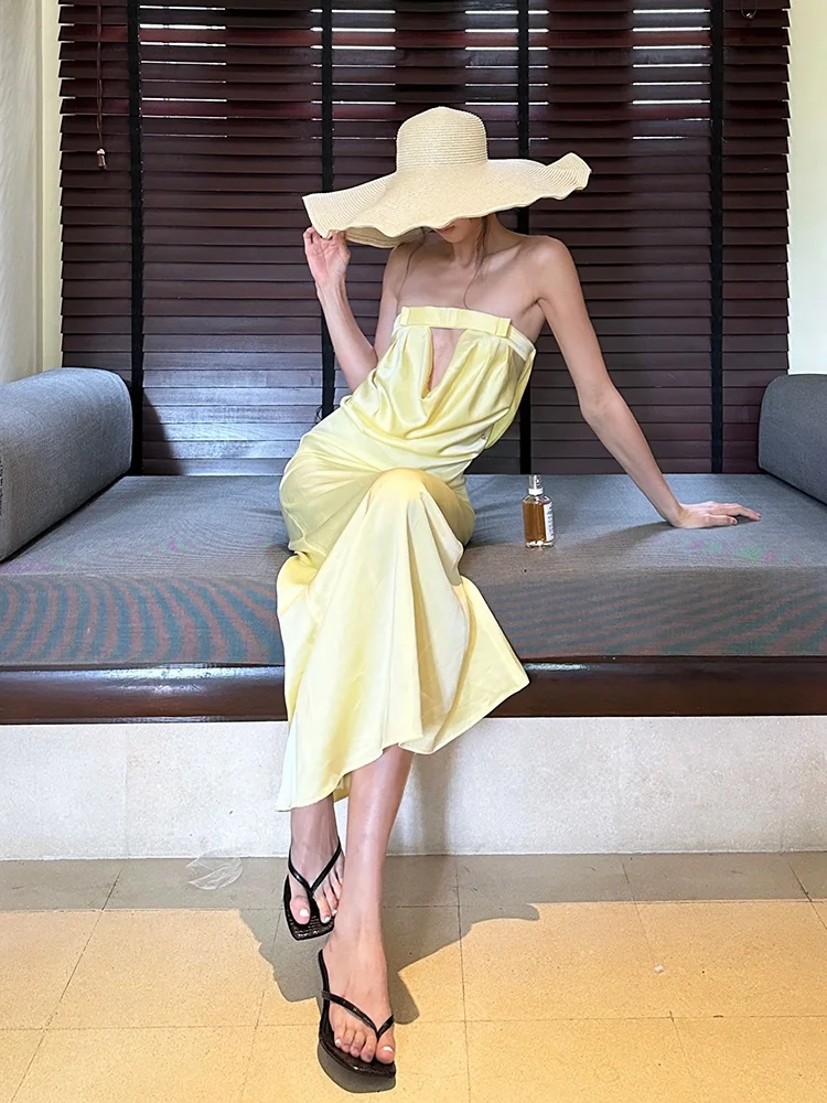 

Летнее сексуальное платье с вырезами и узлом, женское длинное платье с завышенной талией, А-образная юбка, корейская версия, для свиданий и вечеринок