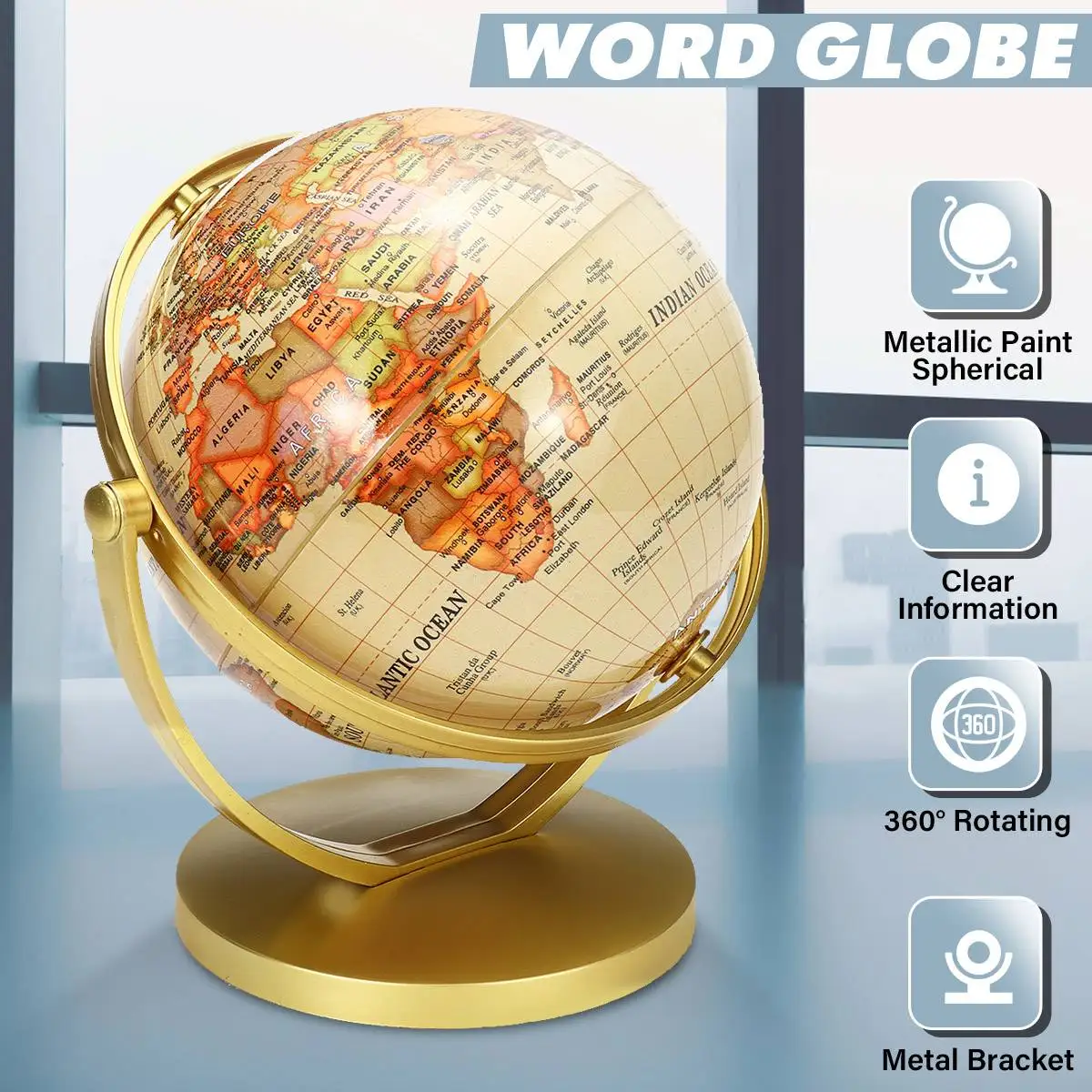 14CM/25CM Gold World Globe Map 360° Rotating With Stand School Geography Educational Supplies Kids Exploring Home Office Decor