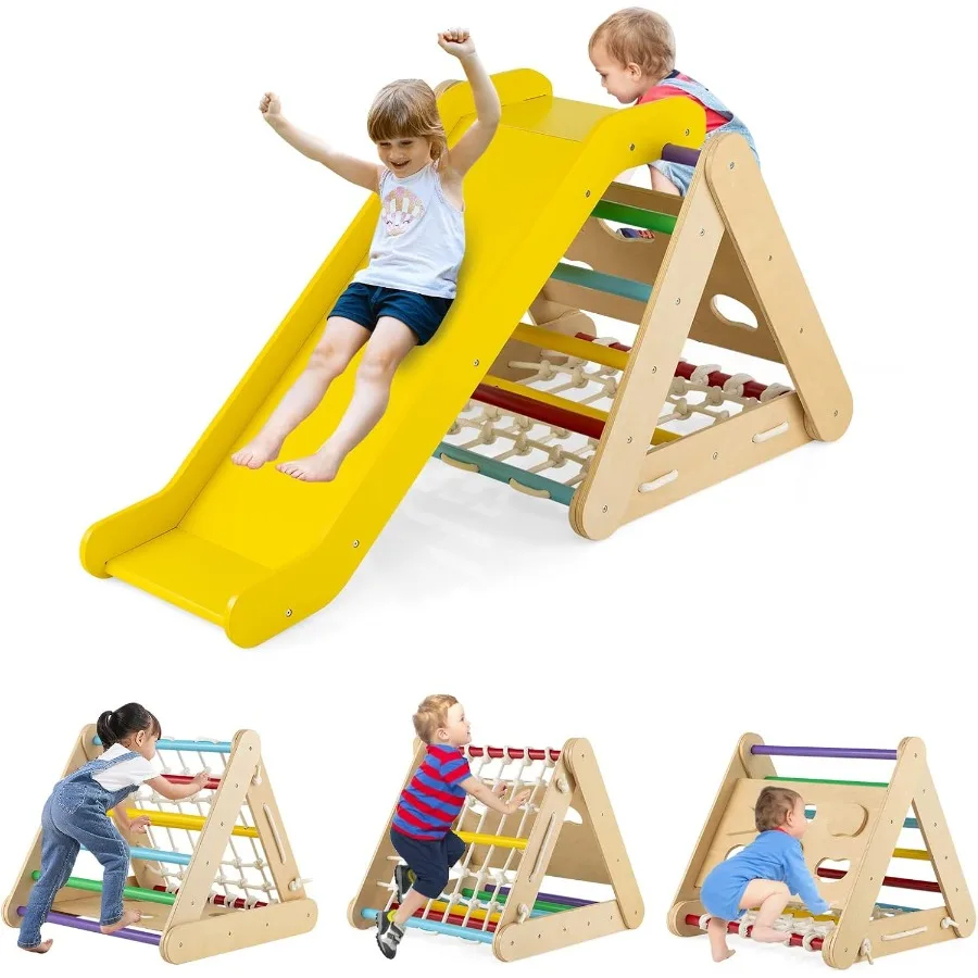 4in1 Triangle Climber with Ramp 3Side Climbing Triangle Ladder with Net Rope and Bars Wooden Montessori Climbing Toys for Toddl