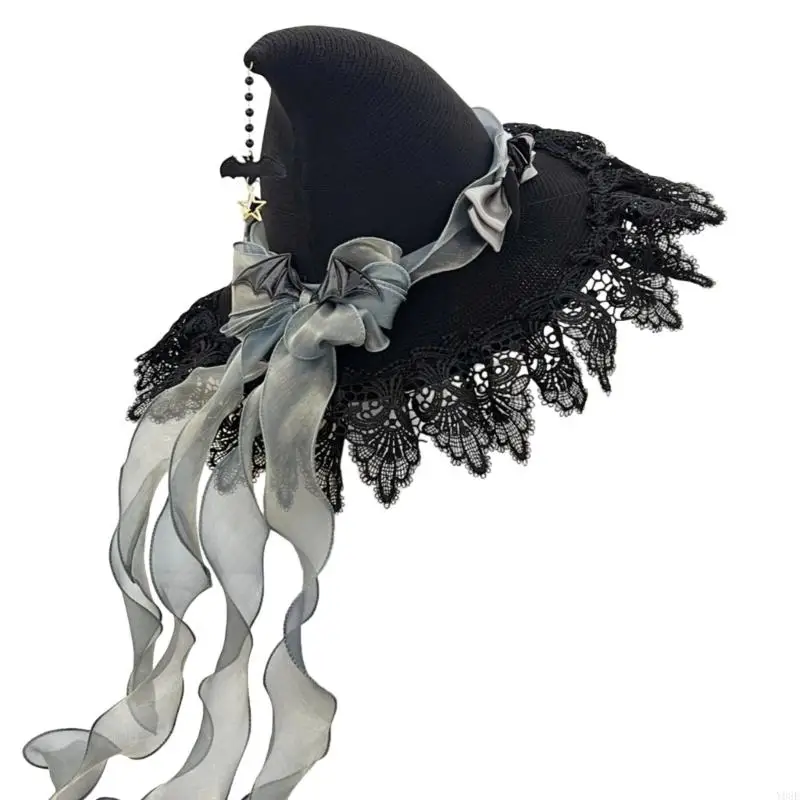 Pointed Witch Costume Hat with Black Lace Trim, Ribbon Bows and Bat Accents for Halloween Cosplay and Party Styling Y08E