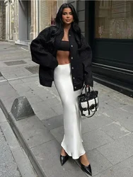 2024 White Satin High Waist Long Skirt Female Elegant Slim Patchwork Fashion Streetwear Ladies Solid Autumn Casual Maxi Skirt