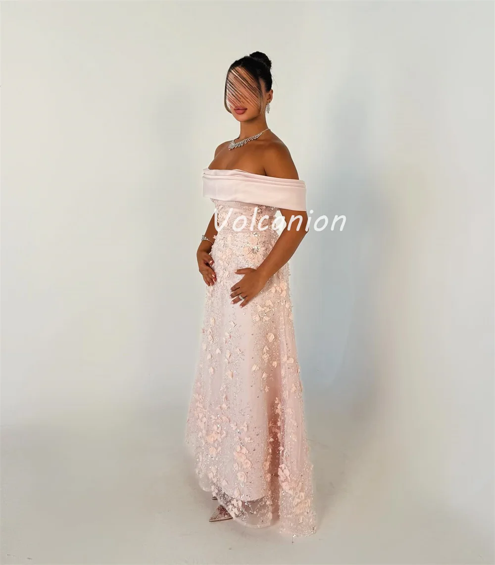 Customized High Quality Fashion Tulle Sequined Flower Pleat A-line Off-the-shoulder Long Dresses Bespoke Occasion Dresses Retro