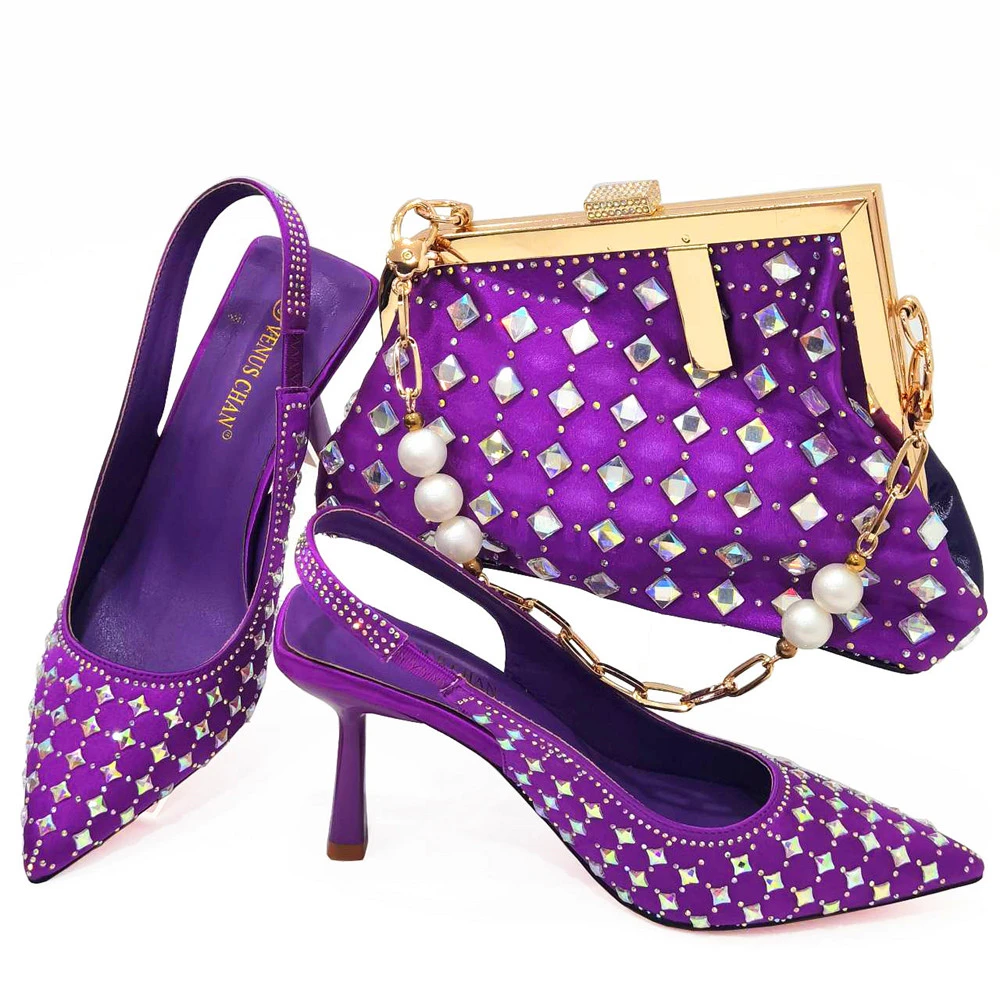 

doershow High Quality African Style Ladies Shoes And Bags Set Latest purple Italian Shoes And Bag Set For Party HJK1-6