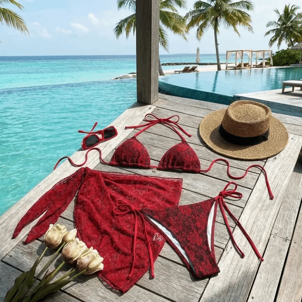 Beach Halter Sexy Brazilian Bikini Set Cover Skirt Nylon Lace Bikinis Mesh Red Swimsuits Holiday Wear