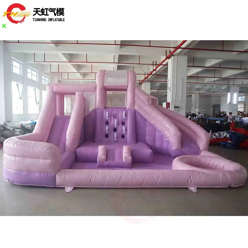2025 nouveau Design 5x4m violet rose gonflable videur 3 en 1 château gonflable avec toboggan et piscine à balles