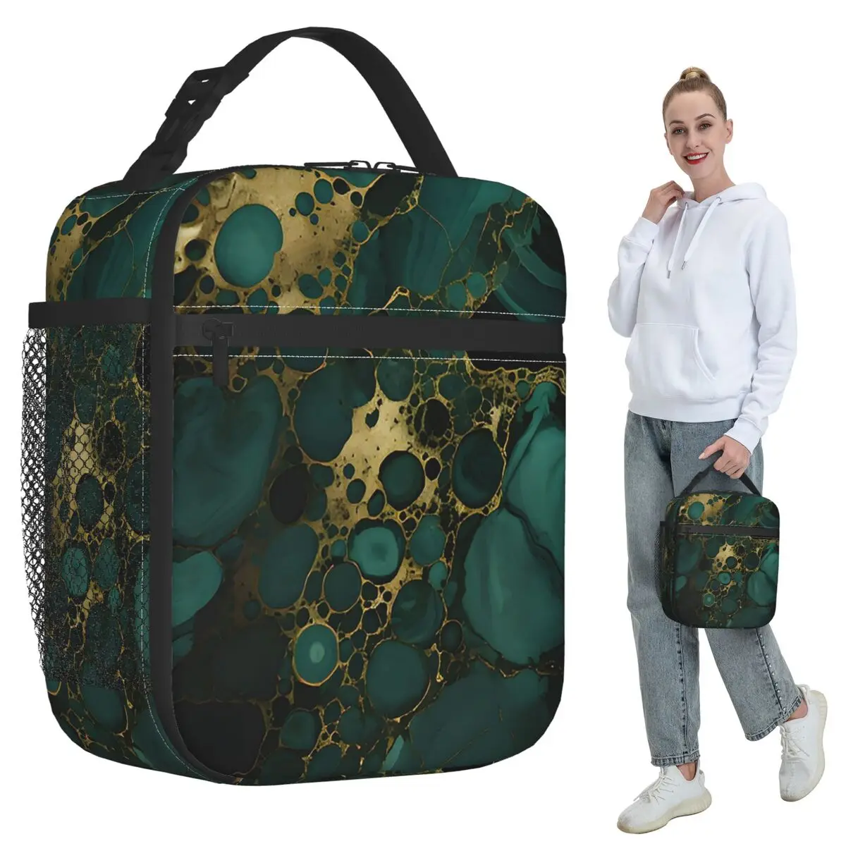 Dunkelgrüne, marmorierte, isolierte Lunchtasche für Kinder, Schulkühler, Thermo-Lebensmittelbox, auslaufsichere Lunchboxen, Behälter