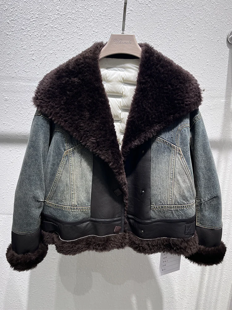 

2025 Autumn Winter Women White Duck Down Denim Coats With Natural Real Sheep Fur Collar Female Luxury Jacket Outwear