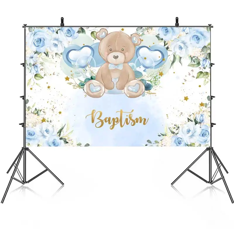 Newborn Girl Boy Baptism Bear Birthday Party Backdrop Photography Baby Shower For Blue Flowers Background Banner Custom Name Pic