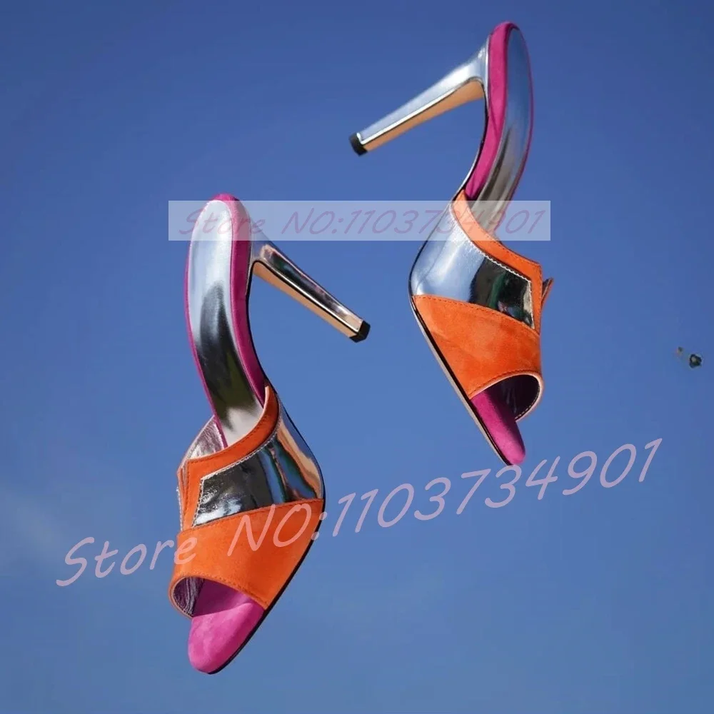 Patchwork Silver Metallic Mules Women Casual Open Toe Zebra Pattern High Heels Multicolor Ladies Sexy Party Outside Slippers