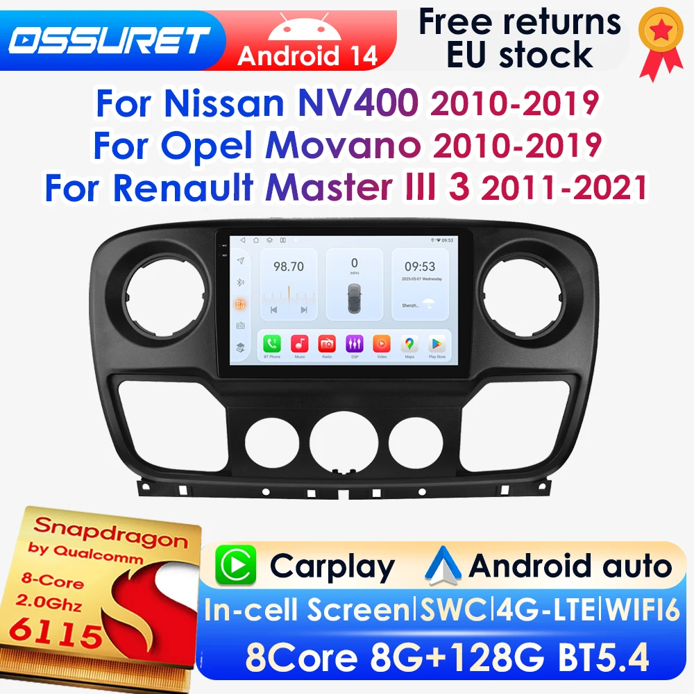Radio para Auto con Carplay y Android 14 para Nissan NV400 2010-2019, para Opel Movano, para Renault Master III 2011, GPS Multimedia 4G, Cámara 360, 6115