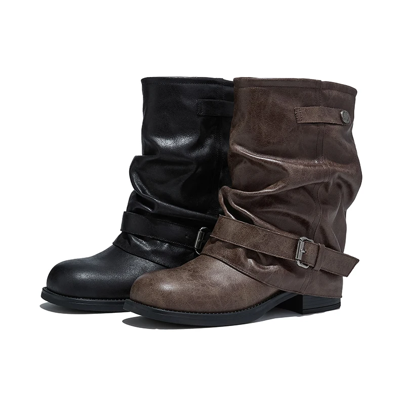 Botas de mujer de media caña 2026, con hebilla arrugada, estilo vaquero, antideslizantes, botines de moda y botas cortas para mujer.
