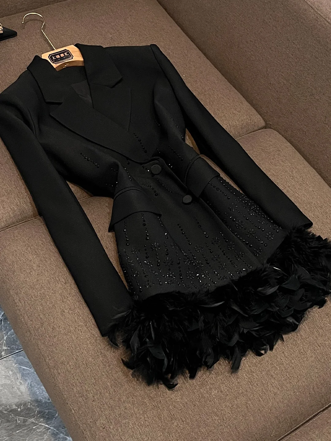 

Ele Slimming Double Breasted Heavy Rhinestone Waist Cinched Suit Dr Feather Hem Ci Commute Sle Polyester Fiber