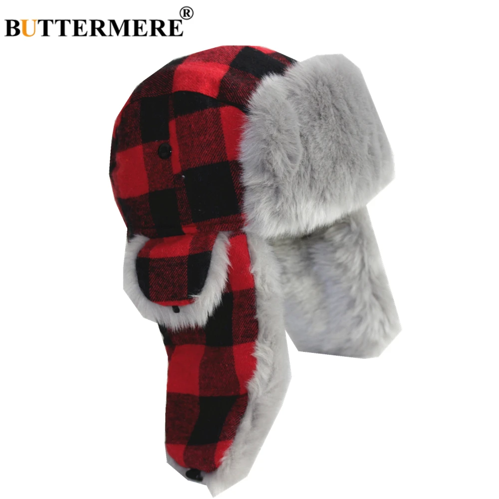 BUTTERMERE Winter Hats for Men Women Red Plaid Trapper Hat Earflap Cashmere Warm Thick Hunter Snow Ski Brand Fur Russian Cap