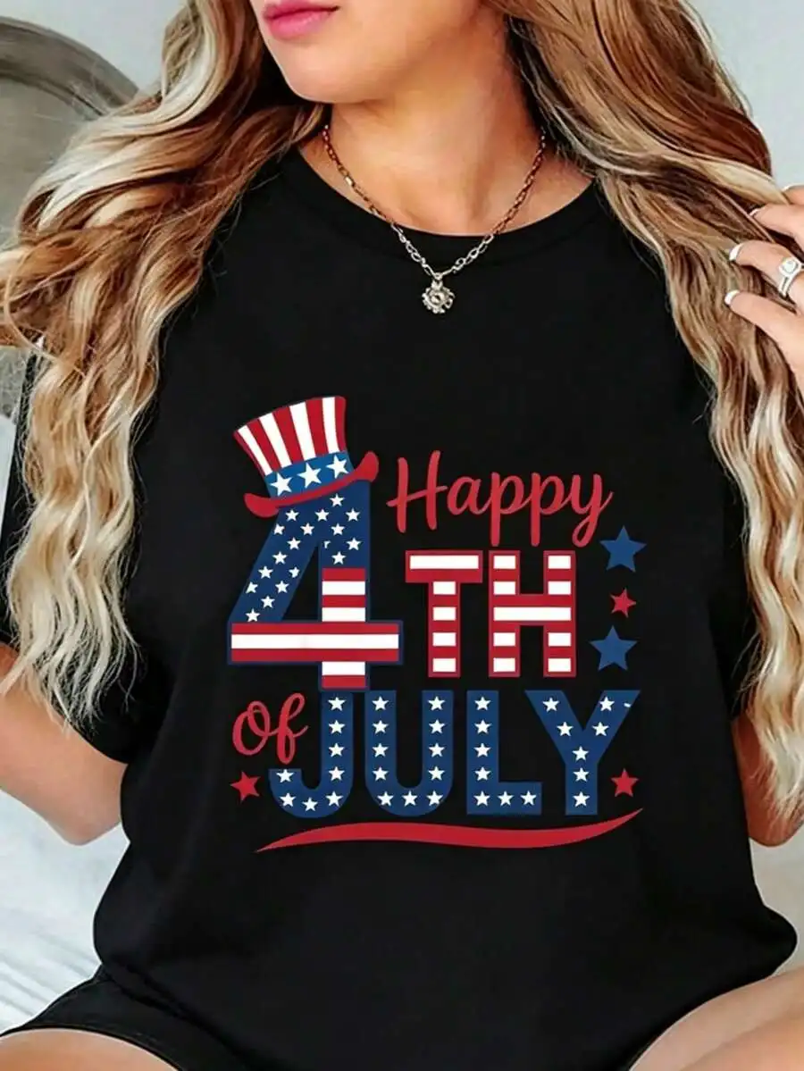 

Happy 4th Of July American Flag Print Women T-Shirt Crew Neck Casual Cotton Tee Regular Fit