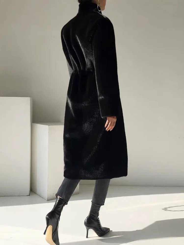 Frauen 2025, Herbst und Winter, lang, schwarz, luxuriös, warm, Kunstpelzmantel, elegant, Kunstpelz, lässig, flauschig, haarig, weich, Kunstnerz-Pelzmantel