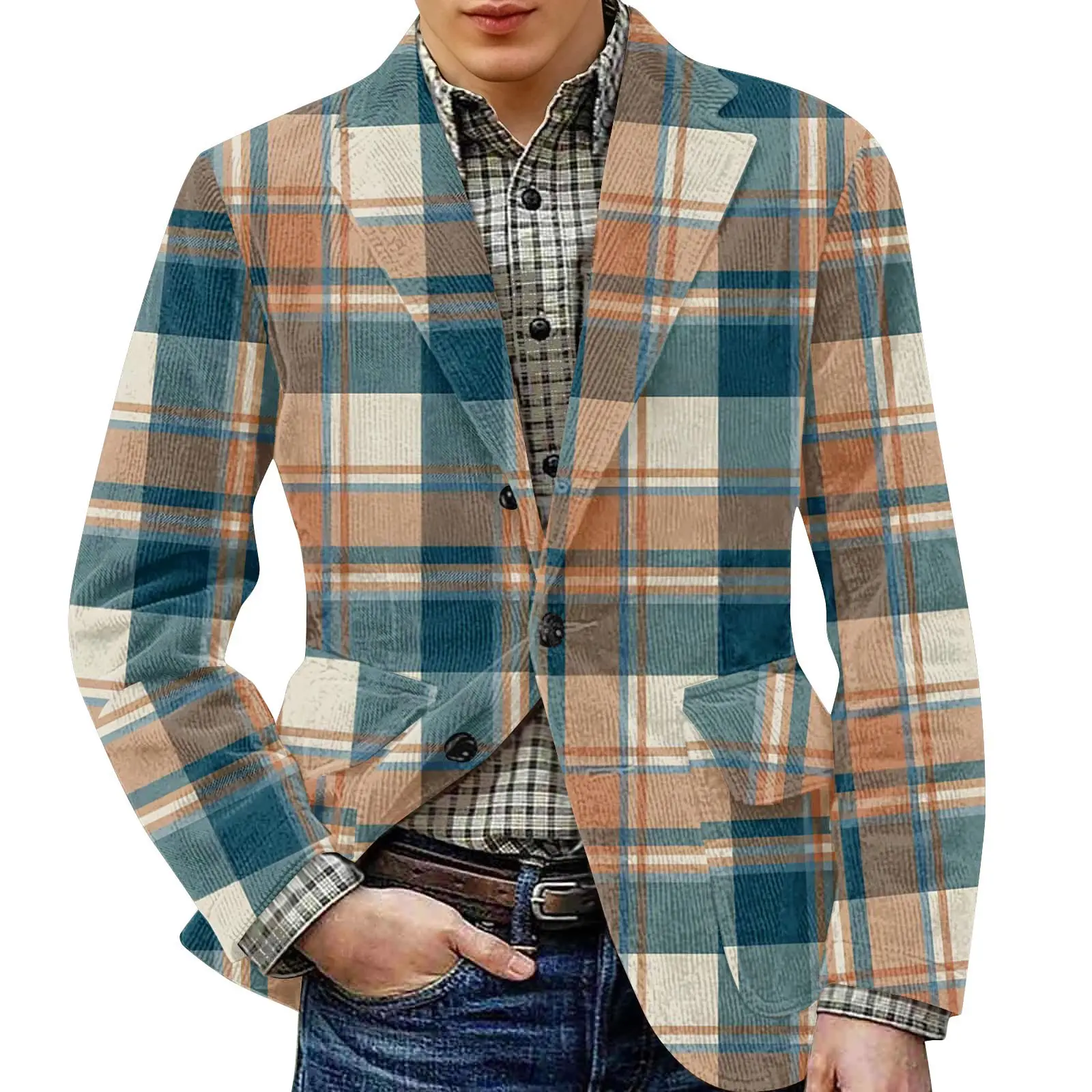 

Сине-коричневый клетчатый пиджак с принтом, мужская вельветовая повседневная куртка, модная мужская одежда, модный стильный пиджак для отдыха