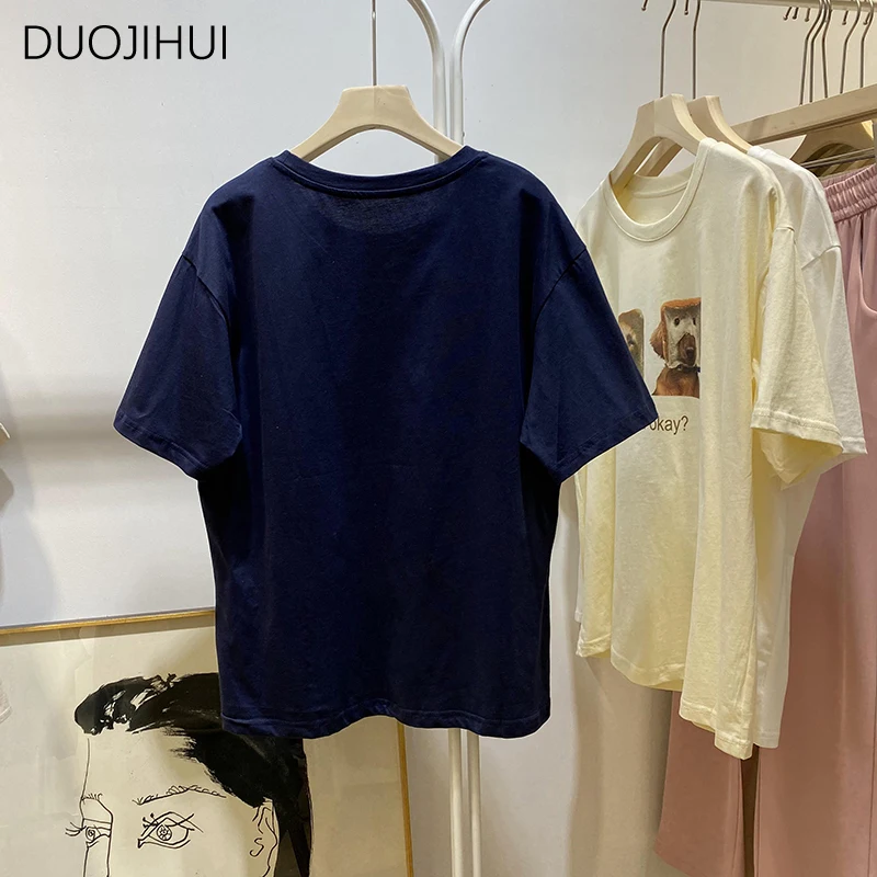 DUOJIHUI Navy Blue Summer Chicly Printing Casual Women T-shirts New Contrast Color Fashion Simple Office Ladies Female T-shirts