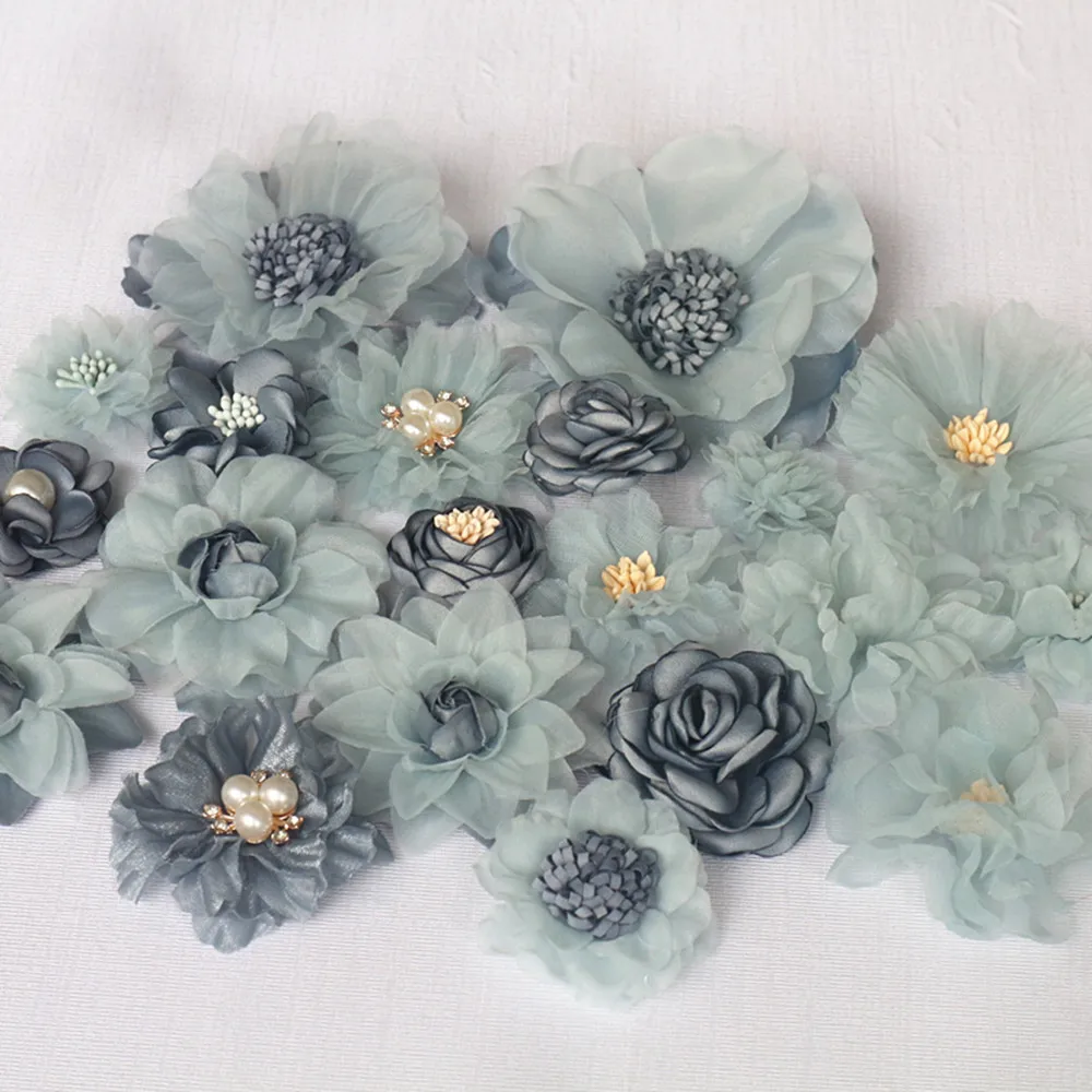 20Pcs Set Blue Series Mix 20 Styles Chiffon Organza Fabric Rose Fake Flowers Wedding Dress Headwear Hats Decoration DIY