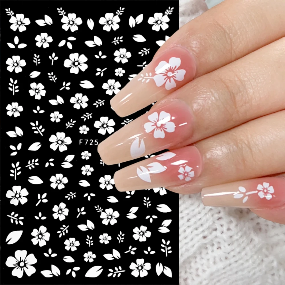 Cherry Blossom Nail Stickers 3D White Flowers DIY Nails Decals Sticker Adhesive Sliders Manicure Accessories Decoration Nail Art