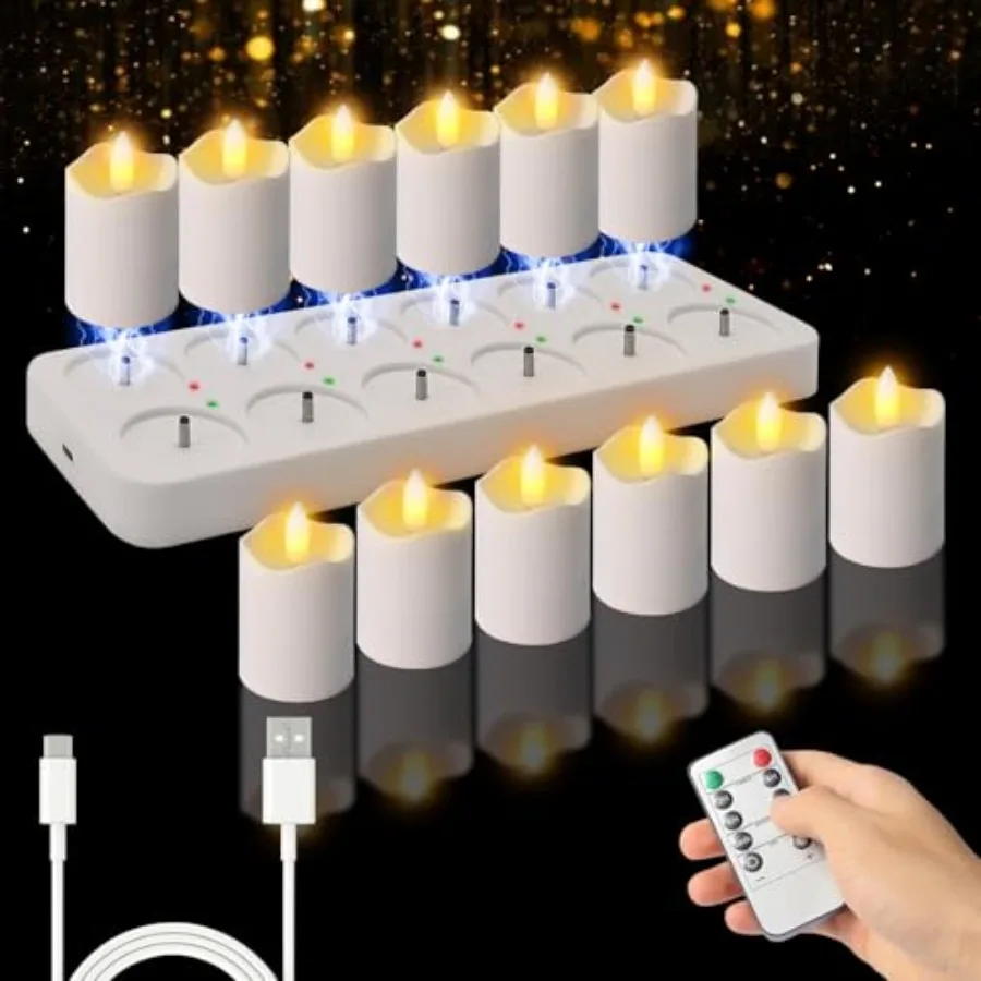 

Rechargeable Flameless Tea Lights Candle, 1.5" x 2." Battery Operated Led Votive Flickering Candle with Remote Timer and Chargi