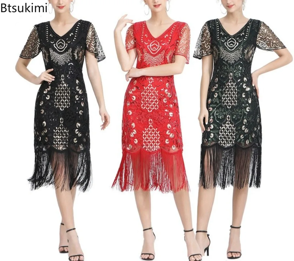 

Плюс размер 4XL 1920-е годы Платье-хлопушка с блестками и бисером Вечеринка «Великий Гэтсби» Элегантное платье с бахромой и v-образным вырезом Платья с рукавами-лепестками и вышивкой