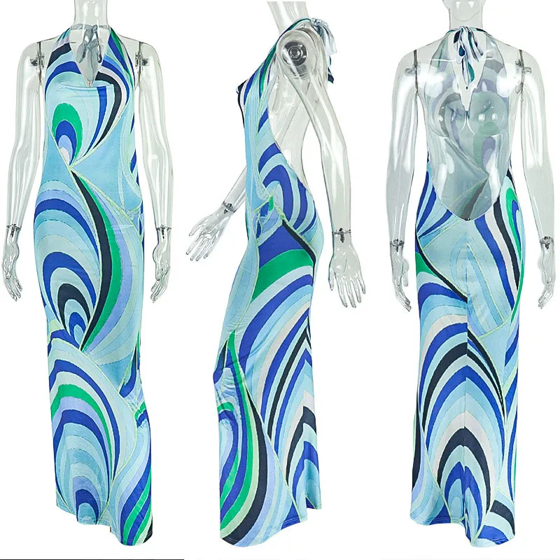 Sexy multi impressão ruched bodycon maxi vestido feminino elegante noite clube festa halter swinging colarinho sem costas vestidos longos de baile robe