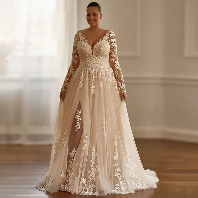 

Graceful Wedding Dress Plus-Size Organza With Embroidery A-Line Floor Length Ball Gown V-Neck Full Sleeve Customized Bride Dress