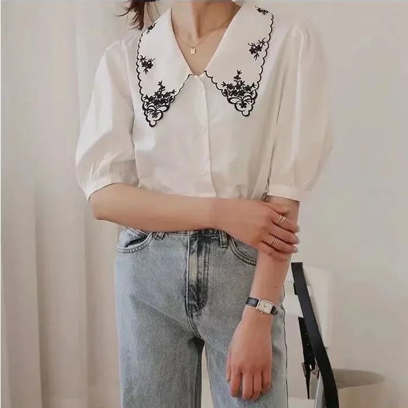 Women Shirts Peter Pan Collar Short Puff Sleeve Trendy Embroidery Retro Elegant All-match Teens Streetwear Blouses Fairy Ulzzang