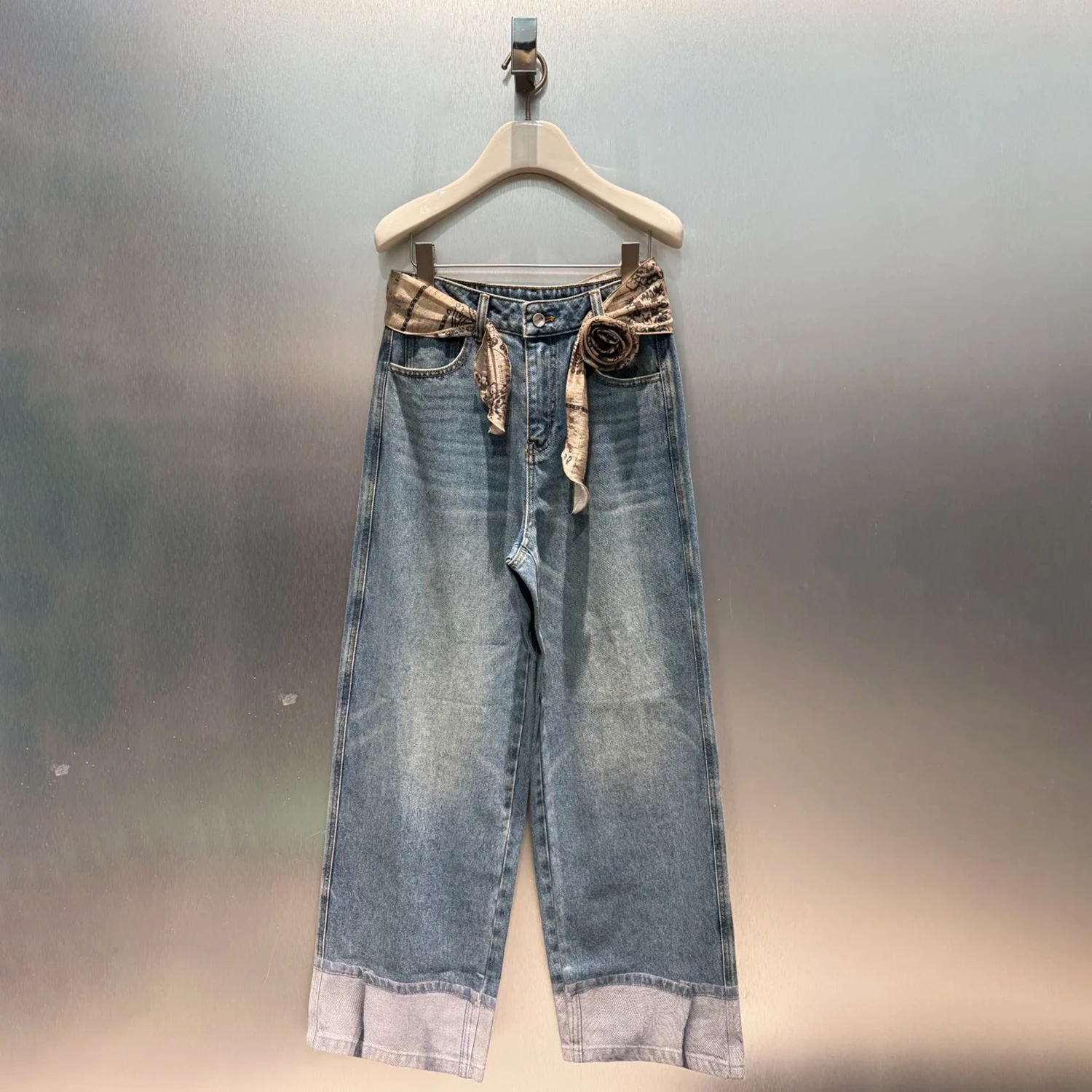 

Широкие джинсы с высокой талией, повседневные потертые подол, свободный крой, осенние новые женские джинсовые брюки премиум-класса Faion