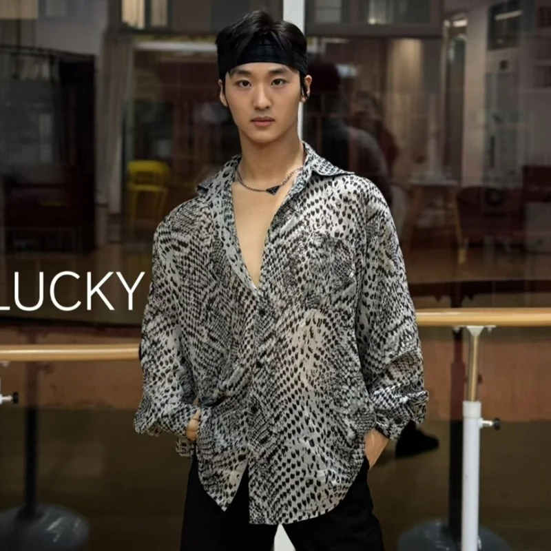 Latin Dance Clothing Adult Male Practice Tops Snake Print Shirts Long Sleeves Shirts Loose Practice Clothes Men Rumba DNV25842