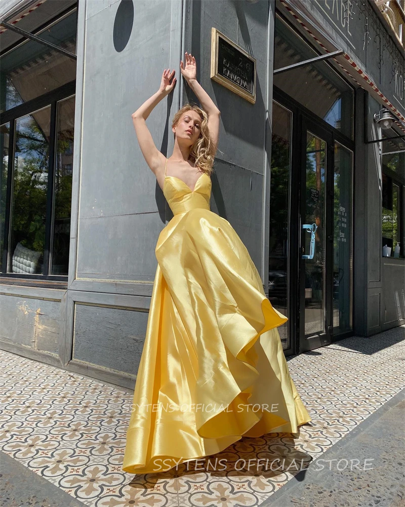 Elegant Yellow Satin Evening Prom Dresses Sparklelong A Line Formal Occasion Dresses Spaghetti Straps Elegant Vestidos De Gala