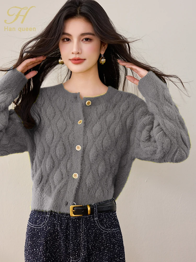 

H Han Queen New Winter Single-Breasted Casual Basic Long Sleeve Vintage Sweaters Thickened Warm Knitted Cardigan Women Clothing
